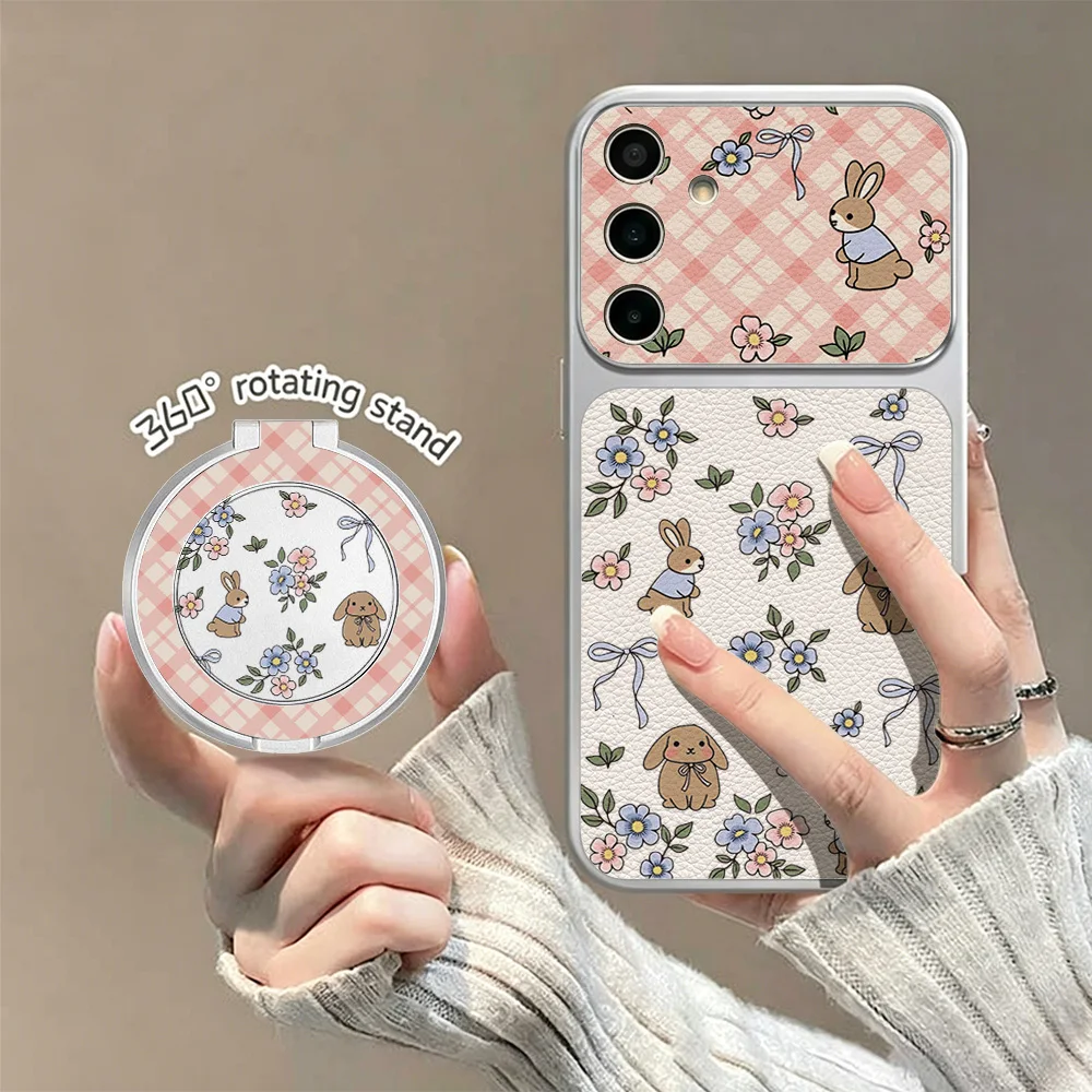 Pink Rabbit & Purple Flowers Print Phone Case with Bracket