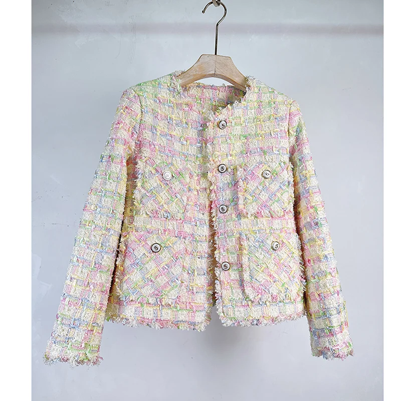 

High Quality Fashion Designer Woven Multicolour Plaid Tweed Jacket Coat 2023 Fall Winter Small Fragrance Woolen Casual Outerwear