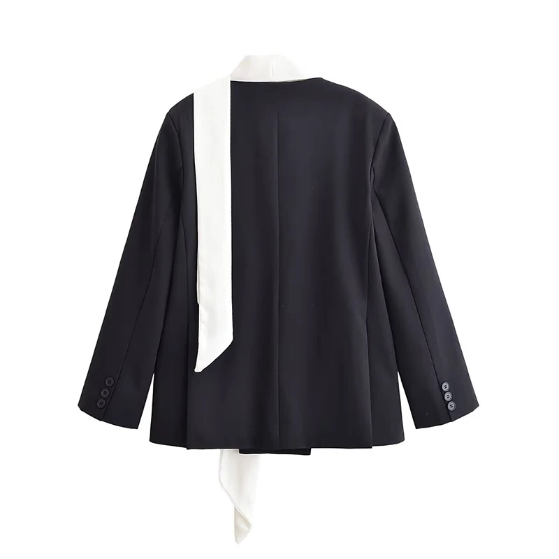 Elegant Color-block Scarf Detachable Blazer Women Chic Lapel Double Breasted Loose Jacket Female 2026 Spring Autumn Lady Coat ﻿