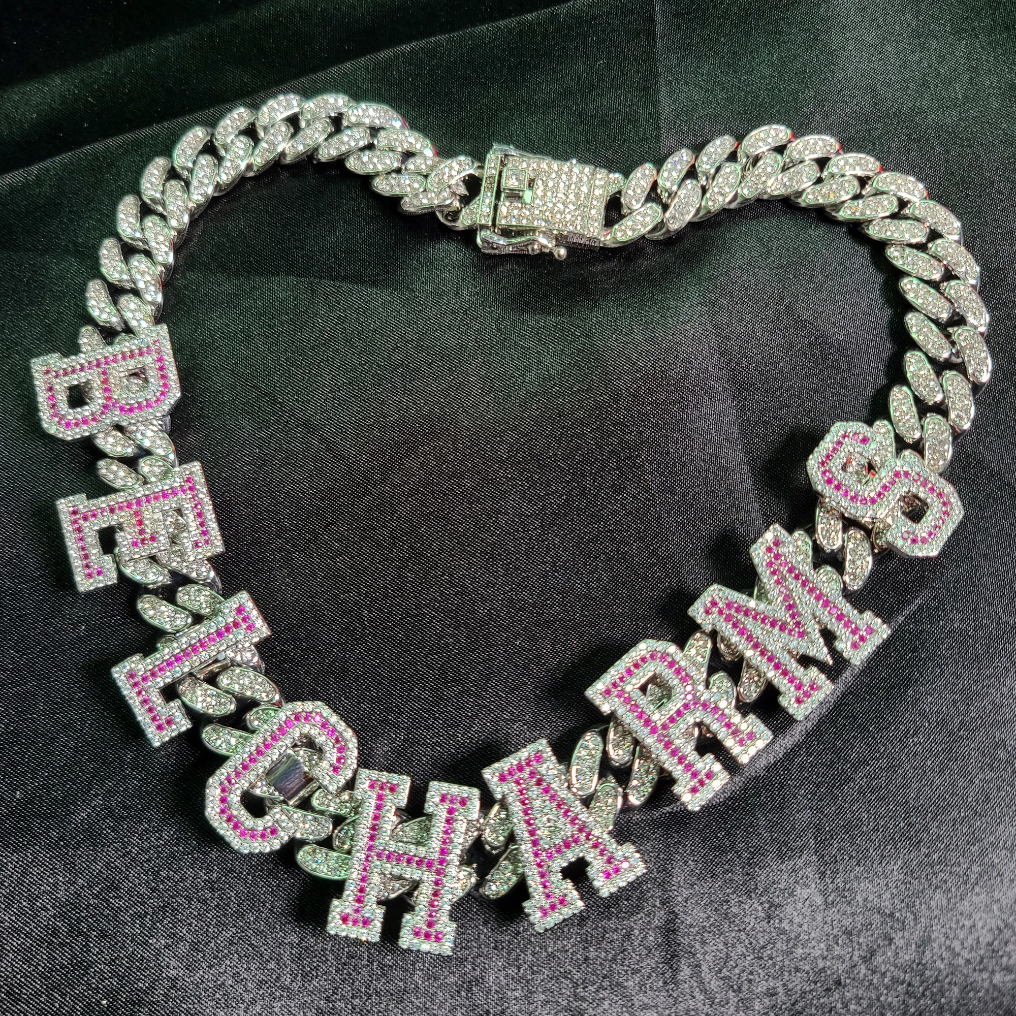 Personalized Pink Stones Letters Necklace, Custom Name Choker, Spaced Letters Choker, Personalised Jewelry, Bling Cuban Chain