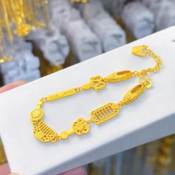 AU999 24K Gold Ethnic Eight Treasures Women's Bracelet - Neo-Chinese Vintage Wedding Style, Eight Treasures Lucky Pattern