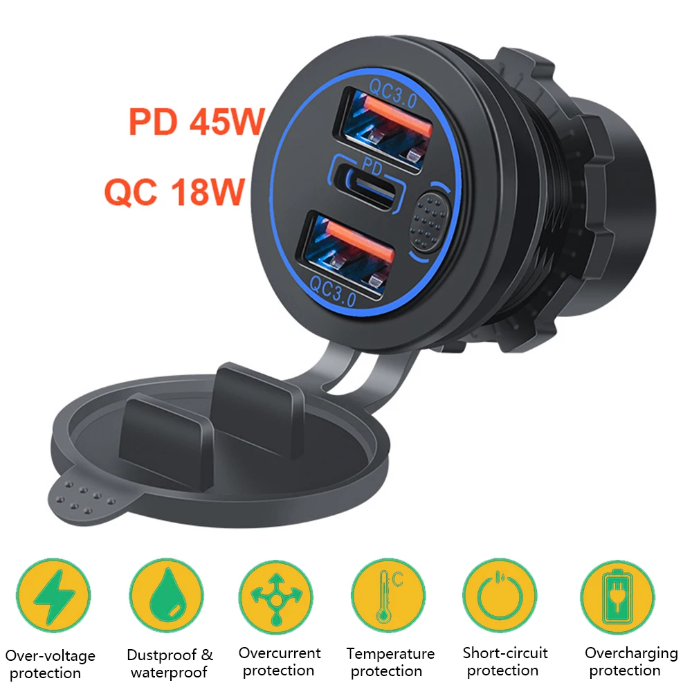 

12V/24V 18W Dual QC 3.0 USB Fast Charger 3 Ports Car Charger Socket 45W PD Type C Motorcycle Socket Power Outlet Charge Adapter