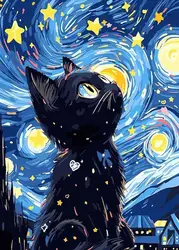 Starry Night Cat Canvas Art Poster - Dreamy Graffiti Decor - 40x60cm No Frame (PF54100)