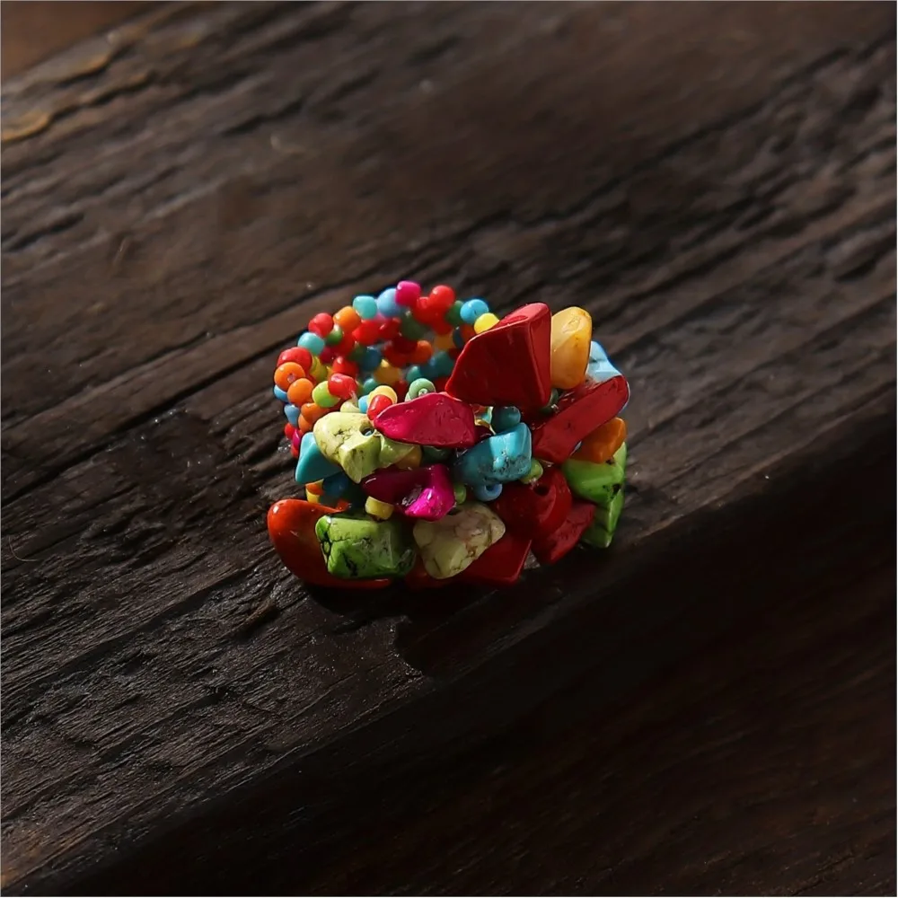 Boho Style Colorful Beaded Finger Ring for Women Natural Stone Irregular Beads Rings Party Jewelry Gifts
