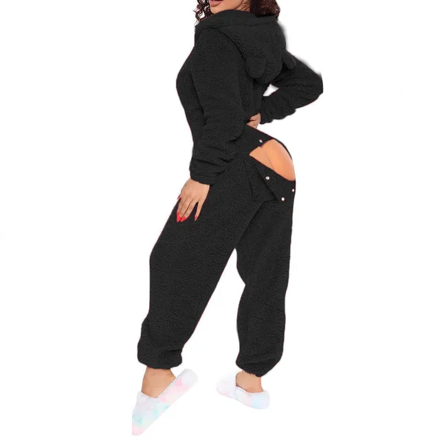 2025 New Sexy Onesies for Women Plush Hooded Bum Open Ass Flap Jumpsuit Thicken Pajamas Solid Long-Sleeve Zipper Sleepwear 4