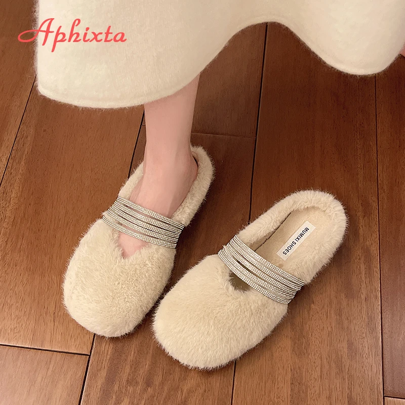 Aphixta Flat with Furry Slipper Shoes for Woman Crystal Band Slip on Women's Mules  Korean Style Luxury Brand Shoes Designer