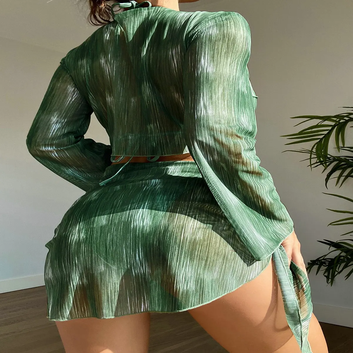 Women Clothing Swimsuit Suit Sexy Bikini Suit Women's Split Four-piece Set Striped Lace Print Long-sleeved Ins Bathing Suit YA32