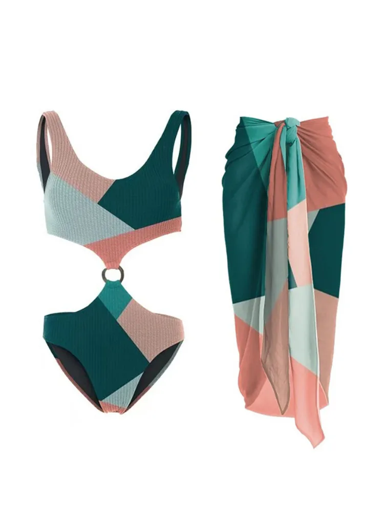 

Fashionable Color Contrast One-piece Bikini Women Swimwear 2023 New High Waisted Open Back Swimsuit Cover Up for Beach Vacation