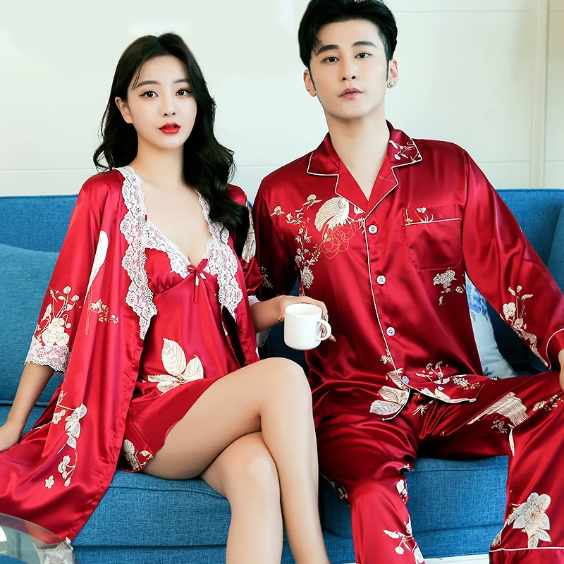 2024 new couple ice silk pajamas spring long-sleeved men's trousers silk pajamas women's bathrobes suspenders home clothes