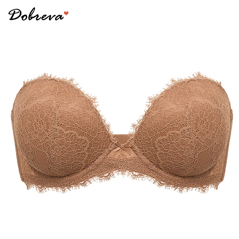 

DOBREVA Women's Lace Strapless Bra Push Up Plus Size Plunge Padded Underwire Bras Add 1 Cup