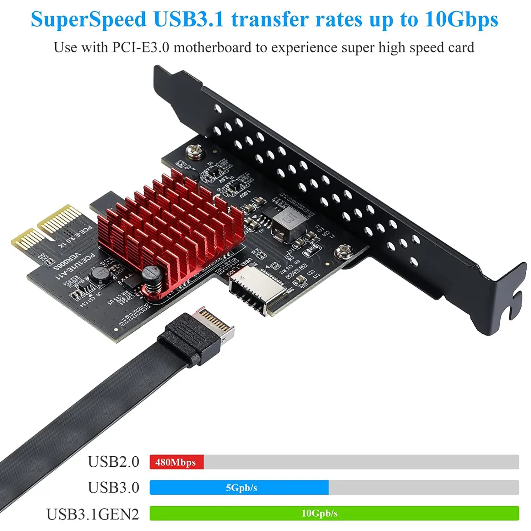 Carte PCIe Vers USB 3.2 Gen1 Type E – 5 Gbit/s – Pour Connecteur Avant Type-C PC, Compatible Windows
