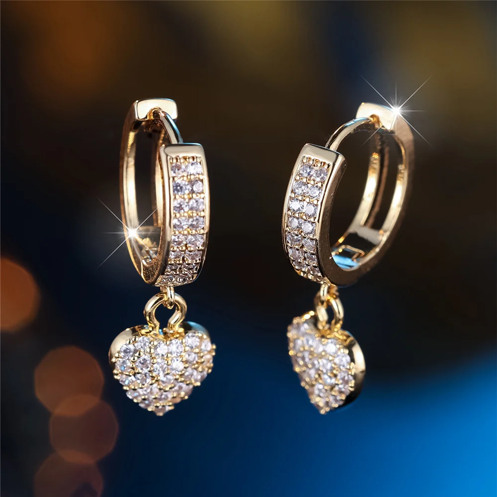 Trendy Crystal White Zircon Stone Love Heart Hoop Earrings For Women Vintage Gold Color Wedding Jewelry