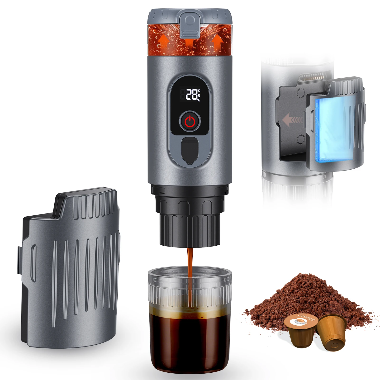 Machine à café électrique portable sans fil 2-en-1 pour capsules et café moulu, idéale pour la voiture, la maison, le camping et les voyages