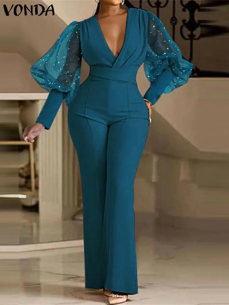 

VONDA Elegant Mesh Long Jumpsuits 2023 Sexy Deep V-Neck Pleated Rompers Summer Casual Lantern Sleeve Patchwork Flared Pants