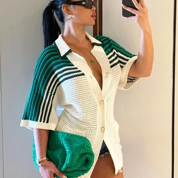 IAMSURE 캐주얼 루즈 스트라이프 니트 카디건, 기본 할로우 아웃 턴다운 칼라, 반팔 스웨터, 여성 2023 스트리트웨어