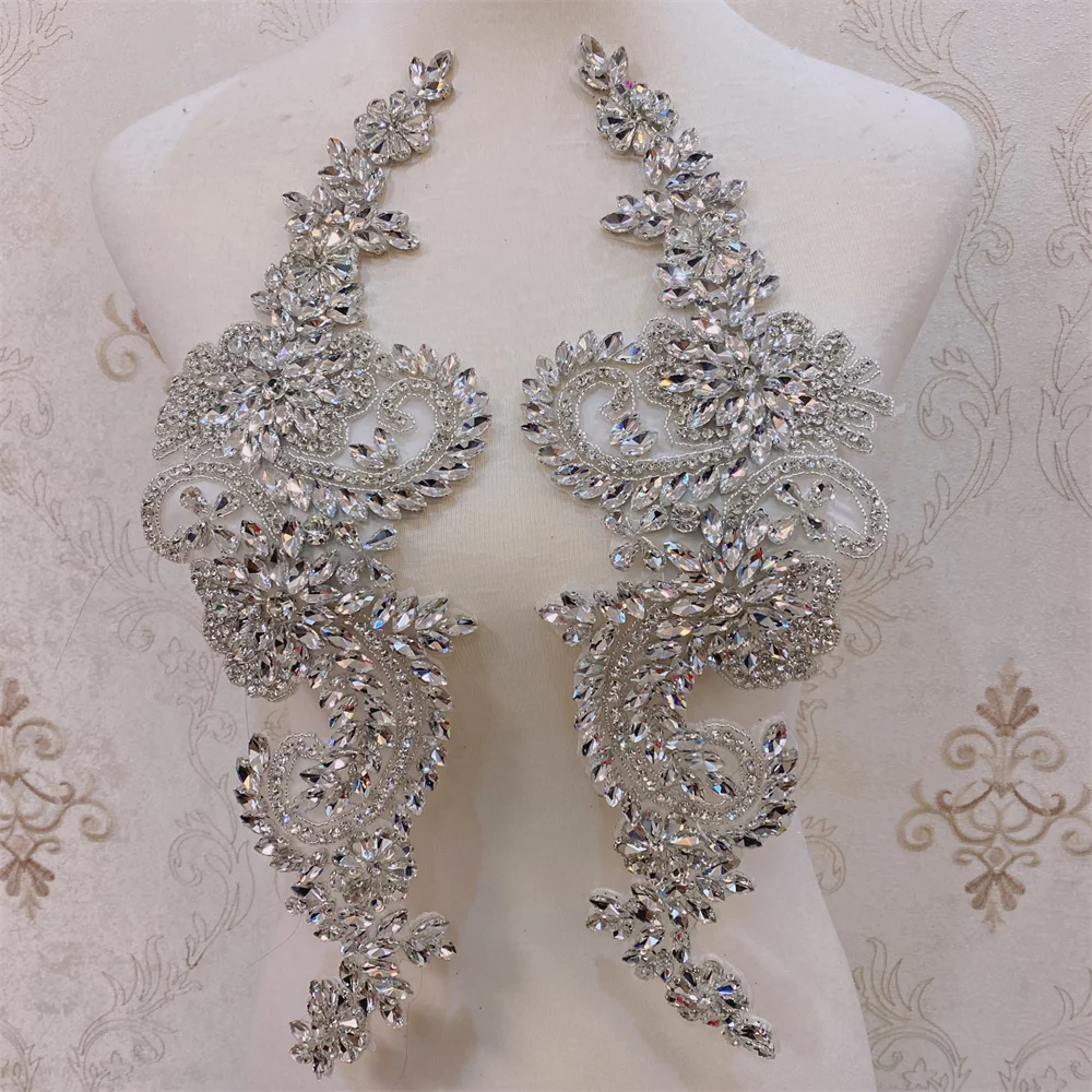 1pair Diamond Rhinestone Applique Patches iron on  Wedding Gown Bridal Sash Evening Wear for decoration