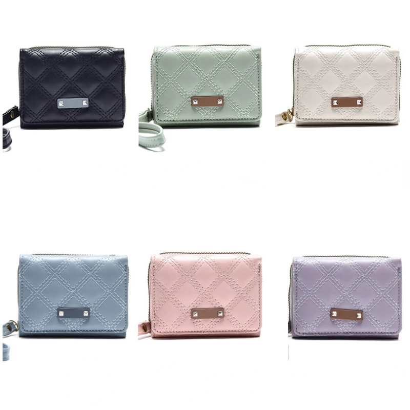 Short Ladies Wallet zipper Coin Purse Multi-card Slot Simple PU leather Student Triple fold Wallets with wrist strap
