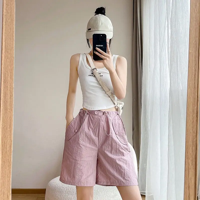 Summer New Cargo Shorts Women High Waist Drawstring Loose Wide Leg Pants American Style Quick Drying Short Sweatpants Femme