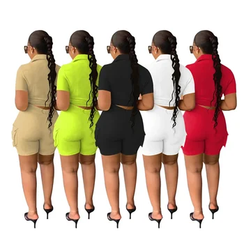 Streetwear Two Piece Set for Women Summer Outfits Pockets Short Sleeve Button-Up Shirt Top Short Sets Party Club Matching Sets 5
