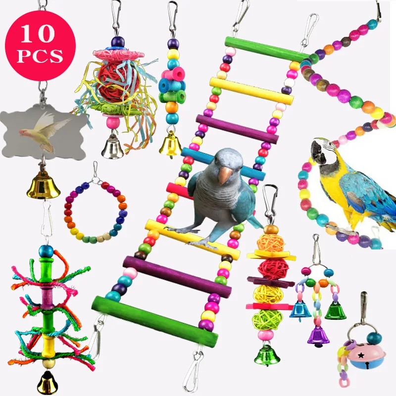 12PcsBirdCageToysforParrotsWoodBirdsSwingReliableChewableBiteBridgeWoodenBeads