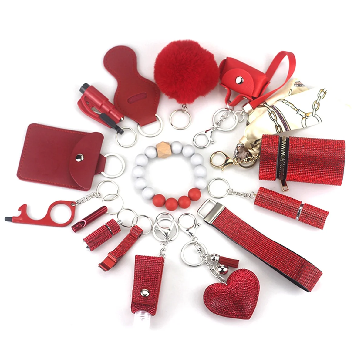 

Keychain Pendant Set for Woman with Pom Pom Ball,Lip Balm Lanyard,Whistle,Travel Bottle Holder,Bottle Open