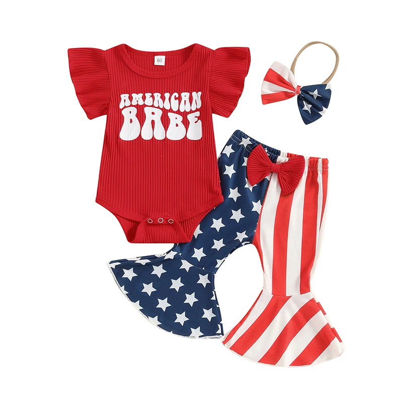 

4th Of July Newborn Girl Outfits American Babe Short Sleeve Bell Bottoms Set Memorial Day Outfit Baby Girl
