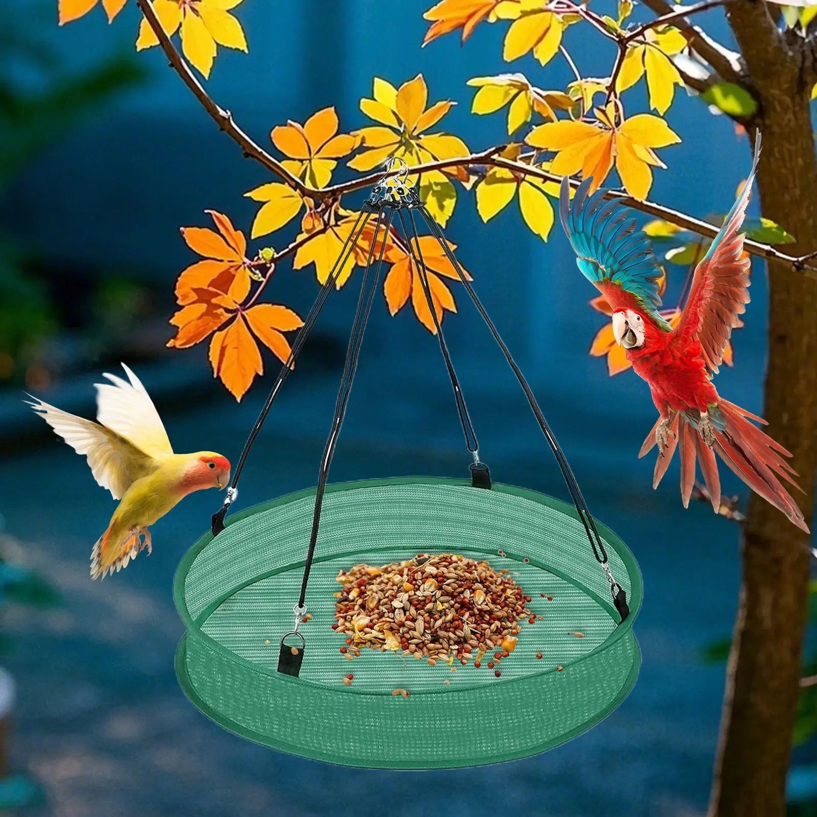 Bird Feeding Net Hanging Bird Feeder Outdoor Finch Bird Food Catcher Tray Spill Proof Parrot Food Container For Backyard Garden