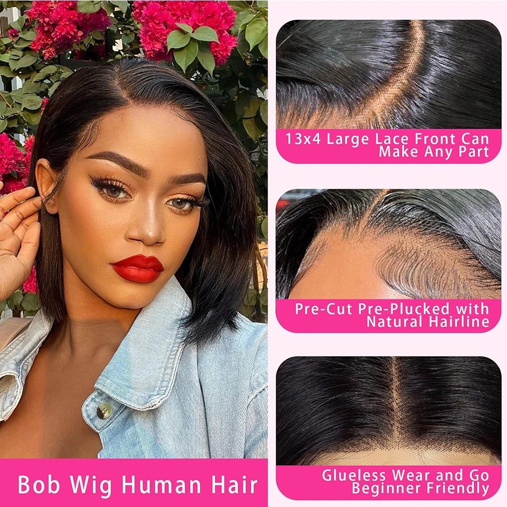 13x4 HD Bone Straight Lace Frontal Bob Wig Human Hair 100% Short Bob Glueless Wig Human Hair 250% Straight Lace Front Bob Wigs