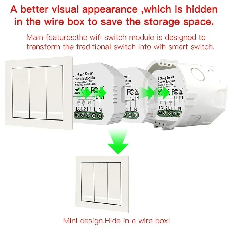 CNBINGO Smart Switch Module 2 Way 1 Way Mini WiFi Switch Behind Wall Switch For Alexa Echo Google Home Smart Life / Tuya Neutral Driver 4 Pack - View #11