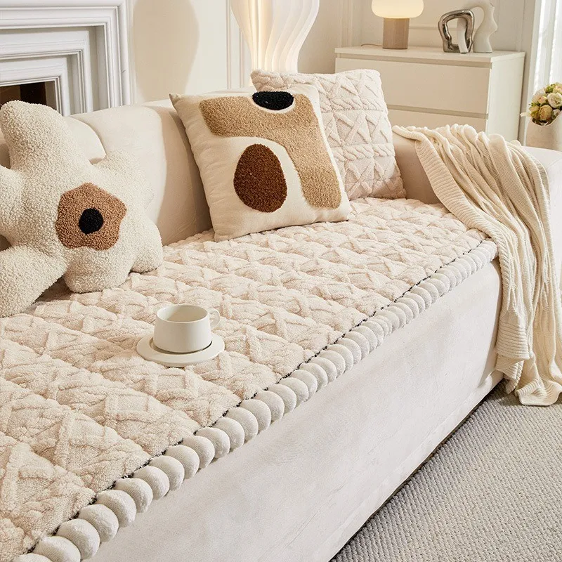 Solid Color Thicken Plush Sofa Cover Simple Furniture Protector Universal Non-slip Washable Couch Blanket for Living Room 6