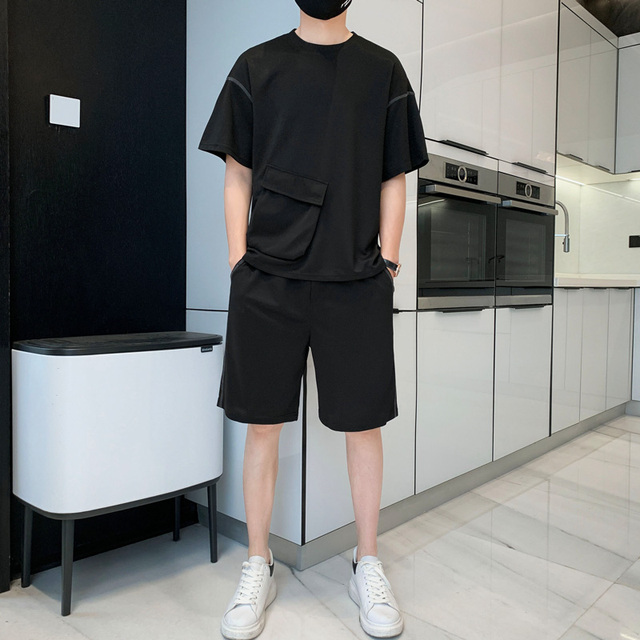 New Solid Ice Silk Men's T-shirt + Shorts Set Daily Simple Casual Tshirt Tracksuits Sports Running Sets Male Sport Suit