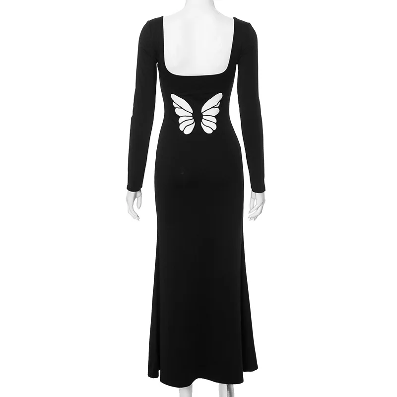 y2k Dresses Women Sexy Clothes Solid Color Butterfly Cutout Back Long Sleeve Bodycon Dress Club Dresses Streetwear