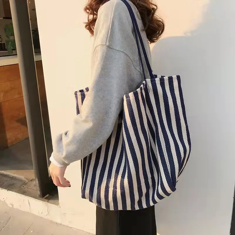 

New Striped Canvas Bag Ins Casual Korean Women's Shoulder Bag Simple Large Capacity Canvas Bag Storage Shopping Bag New Striped