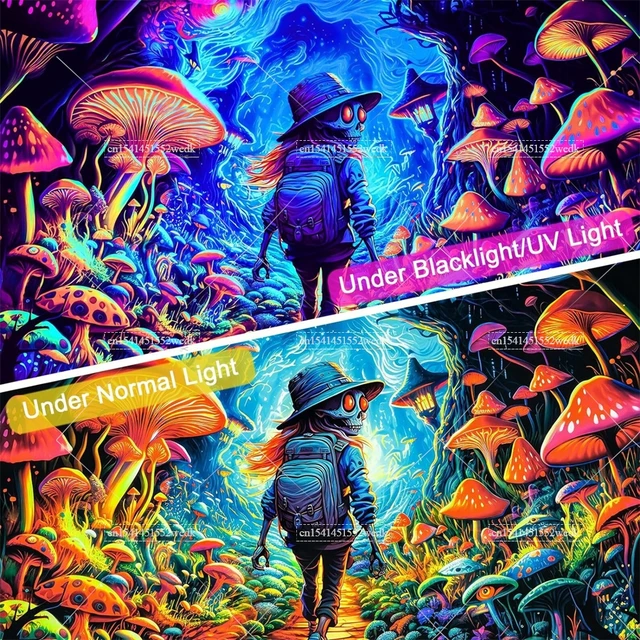 Tapisserie de champignons à lumière noire, crâne Hippie réactif aux UV, tenture murale des yeux, tapisserie de forêt, affiches qui brillent dans la nuit 3