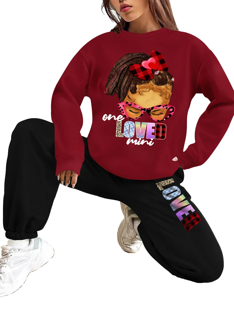 Trend little girl English letters street hip hop print casual loose comfortable women's crewneck hoodie pants two-piece set