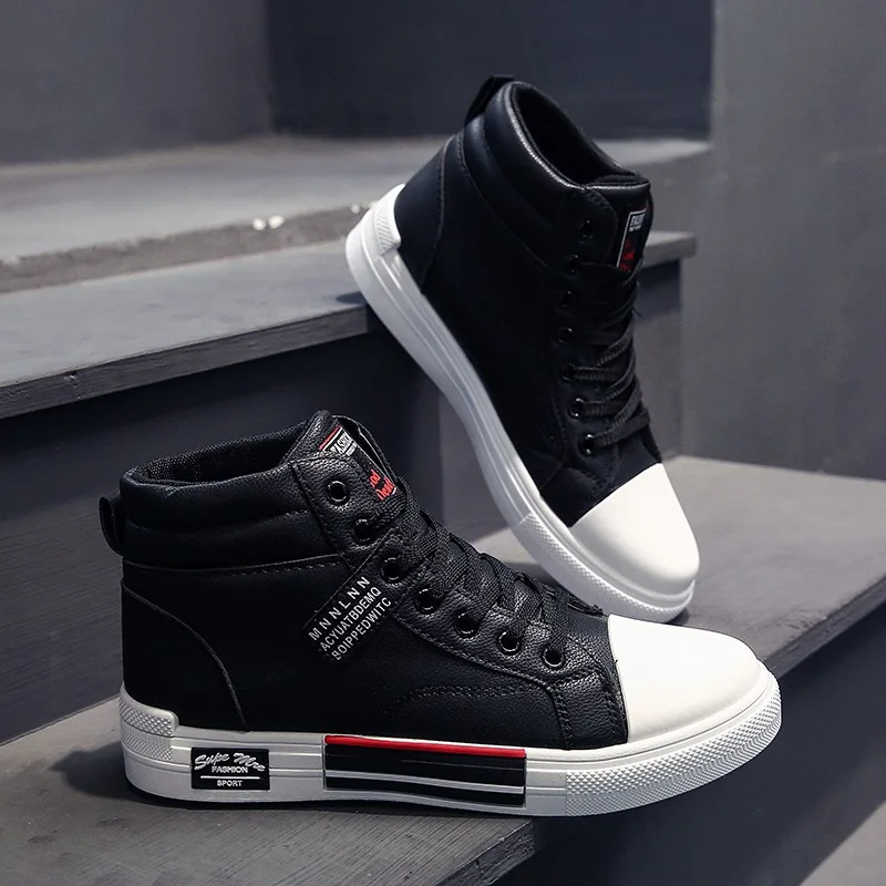 Fashion Leather Men Canvas Shoes Autumn High-Top Casual Shoes for Men Non-Slip Male Sneakers Flat Tenis Shoes Zapatillas Hombre 2