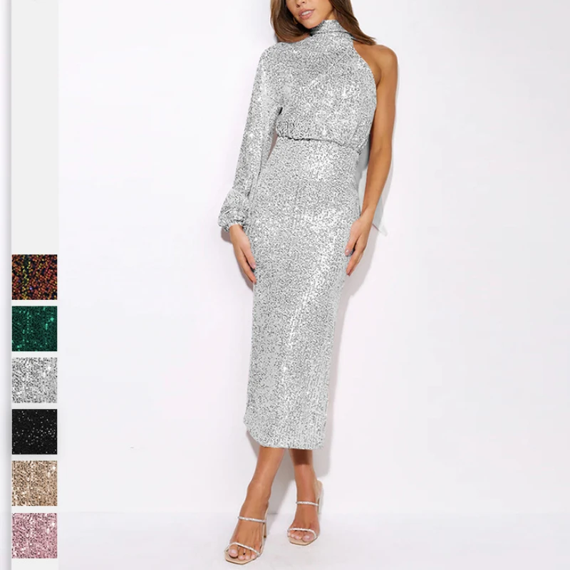 

Mikydely Sexy Sequin Long Sleeve Party Dress Woman Scarf Bead Long Evenning Dress