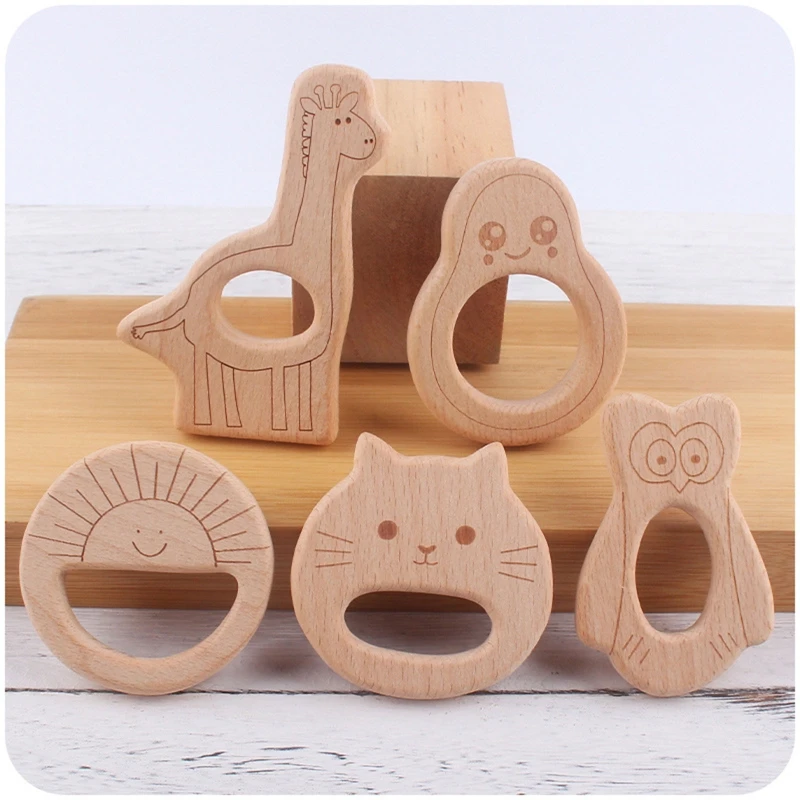 Baby Teething Toys 1pc BPA Free Beach Wood Baby Teether Leaf Shape Wooden Newborn Teething Ring Unfinished Baby Grasping Montessori Bracelet Toys