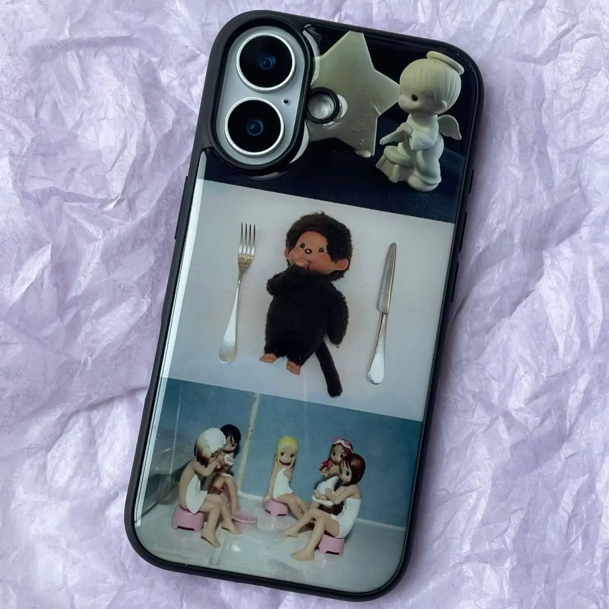 Retro Y2K Niche Doll Splicing Dimple Shockproof Phone Case with Silver Border