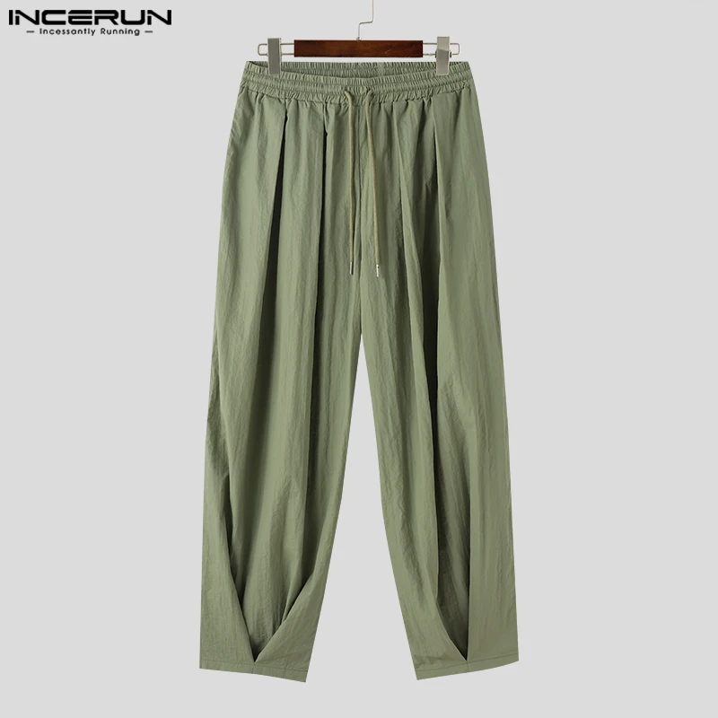 INCERUN 2024 Korean Style Trousers Men's Pleated Splicing Wide Leg Pantalons Casual Simple Male Solid Drawstring Long Pant S-5XL 5