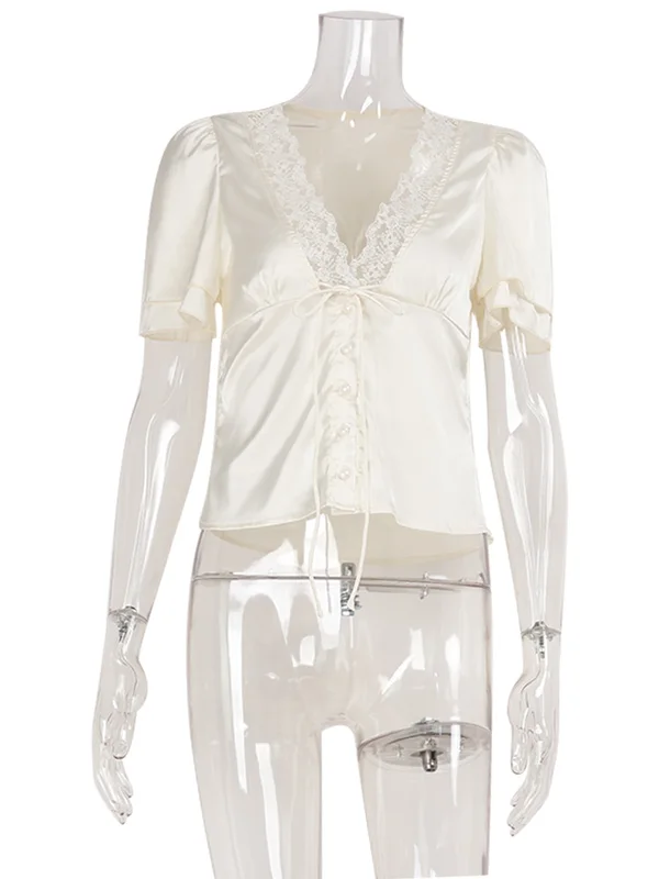 Ahagaga Causal Women Tops Solid Lace -Neck Short Sleeves Satin Slim Button...