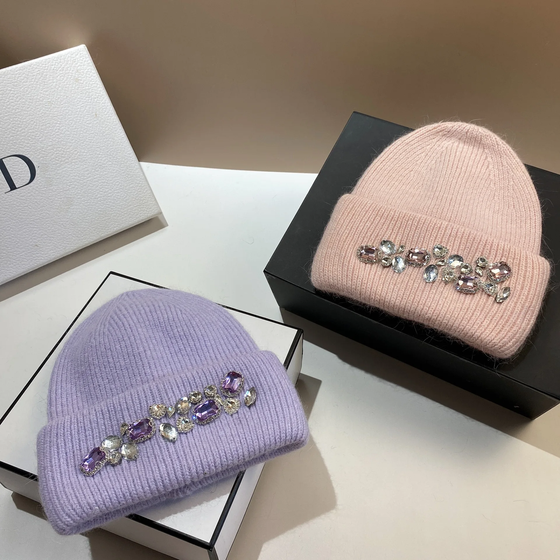 Echte Kaninchen Fell Gestrickte Hüte für Frauen Luxus Glänzenden Strass Winter Hut Casual Dame Warm Walking Skullies Beanies Caps – Detail 10