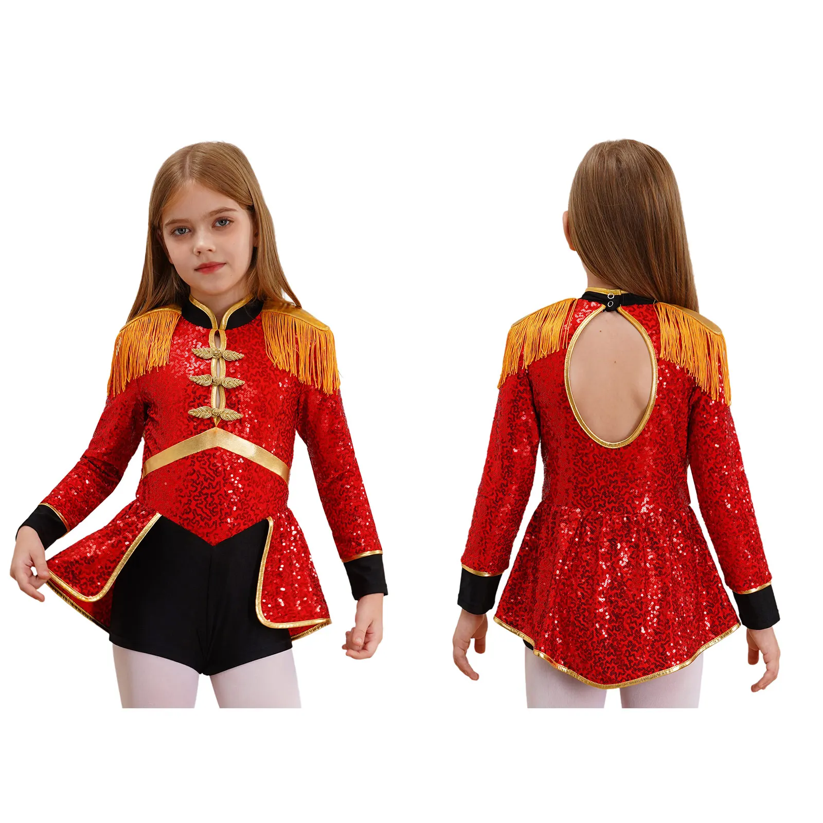 thumbnail image 1 of Disfraz de mago para niños y niñas, traje de Cosplay de mago, baterista de circo, Charretera con flecos, mono de lentejuelas con Mini sombrero de copa, sombrero de equipo de tambor, 1 of 5