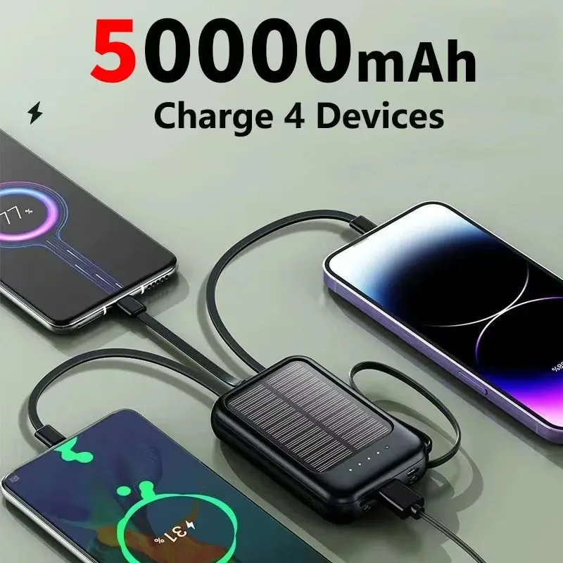 50000mAh 태양광 보조배터리 대용량 초고속 충전 내장 4개 케이블 파워뱅크 야외용 예비 배터리 휴대폰용