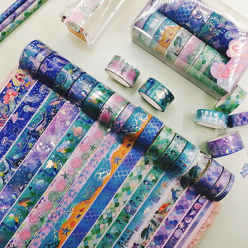 

16Pcs Mermaid Washi Tapes Ocean Decorative Adhesive Tape Journal Supplies Silver Foil Masking Tape Cute Stationery Washitape