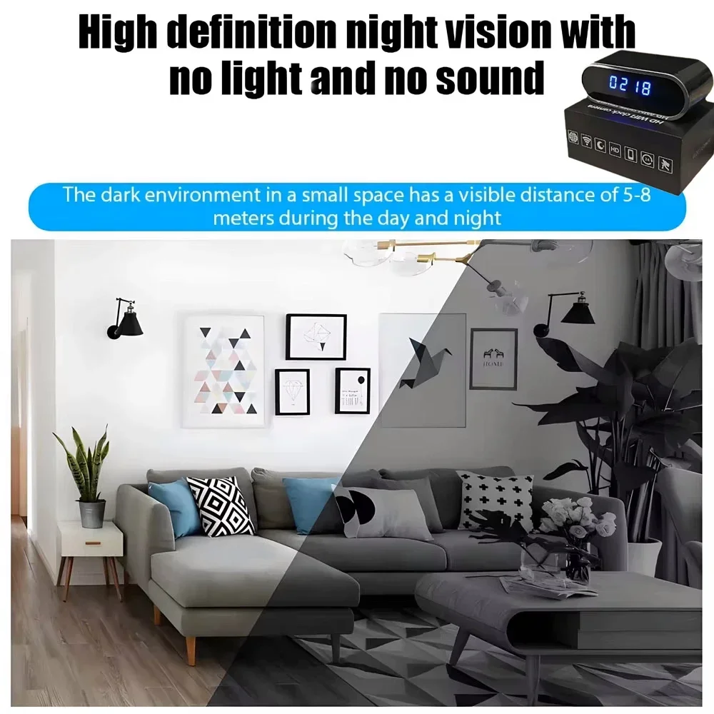 Improved 4KHD mini WiFi clock camera, supporting remote viewing, motion detection, infrared night vision, and home mini camera 3