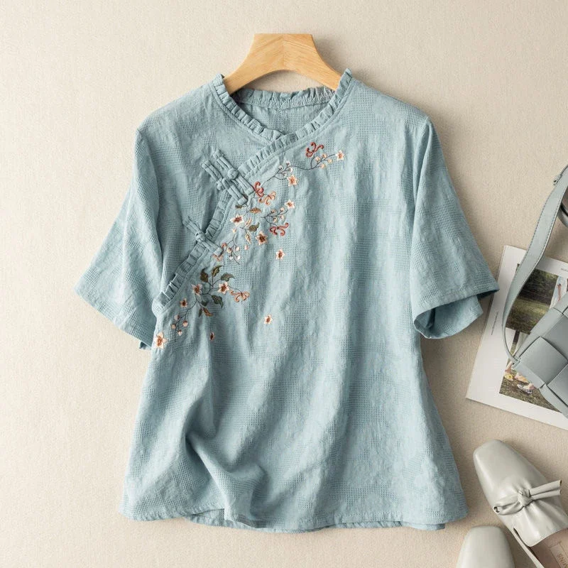 Jacquard Cotton Linen Shirt Women's Summer New Fashion Ethnic Wind Elegant Literary Retro Casual Embroidery Ruffle Collar Blouse