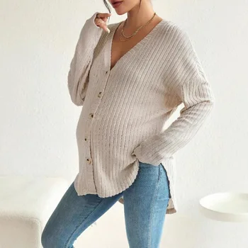 Long-sleeved maternity T-shirt cross-border button-front cardigan dropped shoulder sleeve maternity T-shirt