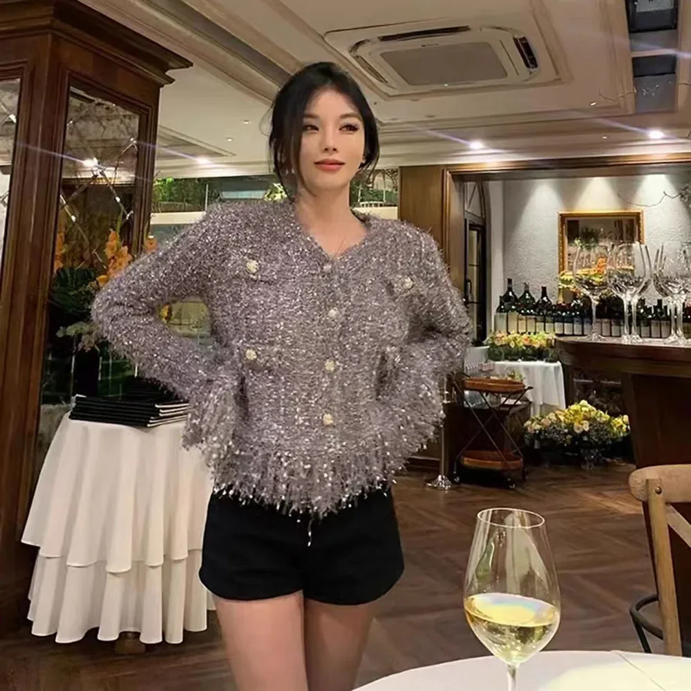 여성용 니트 울 스웨터, 태슬 밝은 실크 니트 재킷, 가을 및 겨울, 템퍼러먼트 짧은 가디건, 2023 신상 패션