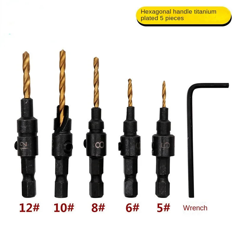

5PCS Cone Drill Hexagon Countersunk Drill Woodworking Tapper Set Drill Guide Hole General Countersunk Drill Auger